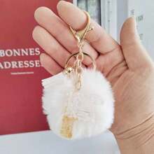 Christmas Festival Gifts Home Decorations-White Initial Letter Keychain With Soft Fluffy Fur Ball Pom-Pom Women Sweet Bag Purse Charm A-Z 26 Letter Pendant