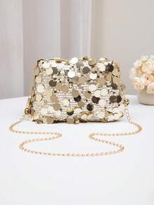 1pc Gold Glitter PVC Women One Shoulder Diagonal Cross-Body Bag, Holiday Essentials Gold Bag - Gold - View 6