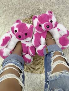 Fun And Cute Teddy Bear Warm Shoes Indoor Home Bear Shoes - 玫紅乳牛 - 查看 3