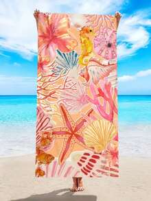 1pc Ultra-Fine Fiber Beach Towel With Ocean Elements Print, Including Shells, Conches, Corals, Starfish, Quick-Drying, Absorbent, Soft, Beach Mat, Outdoor Sports, Travel, Swimming Pool, Yoga, Fitness Towel, Vacation Essential Gift, Single-Sided Print, Beach Accessories, Pool Float - Coral Orange - View 3