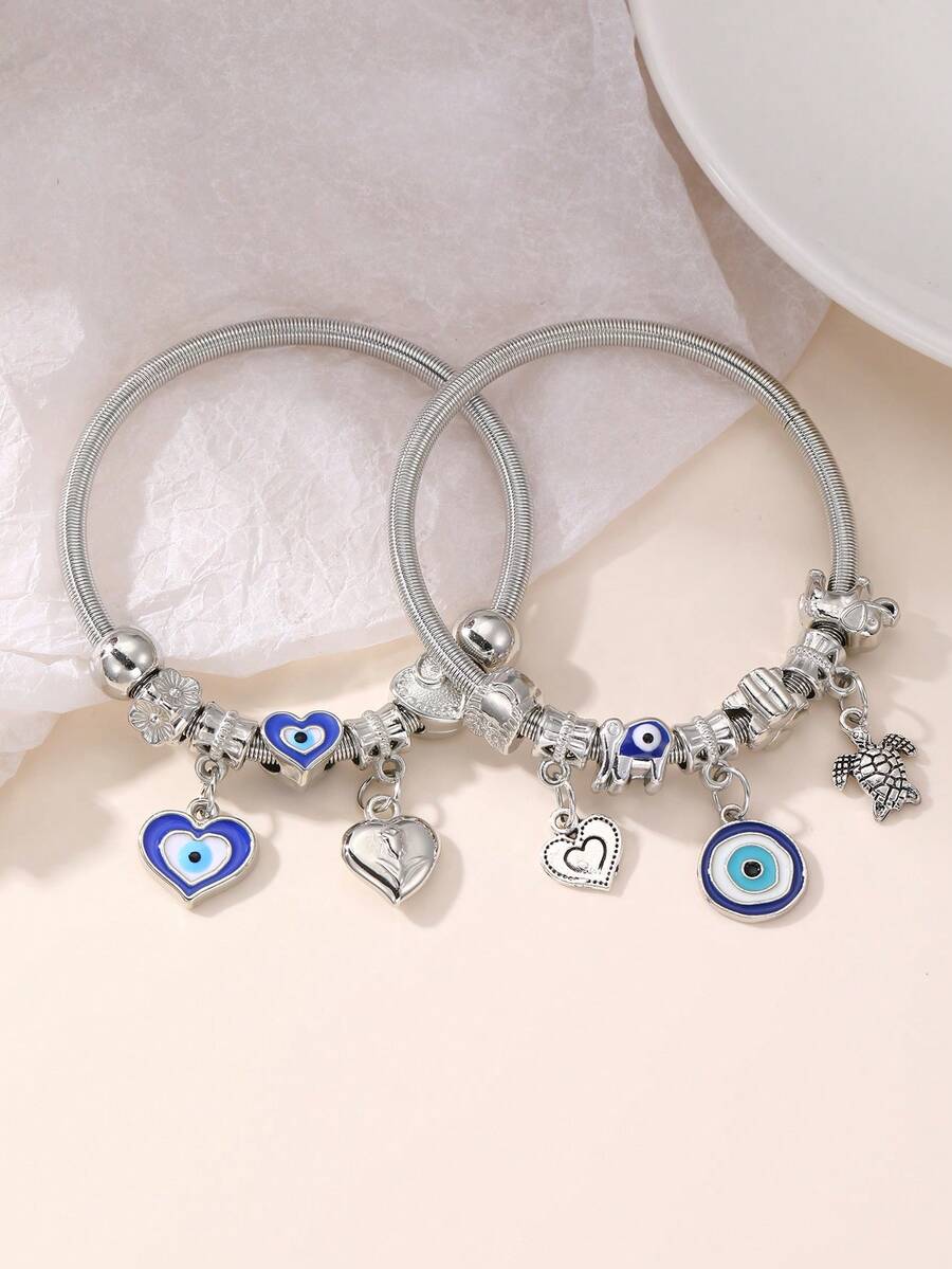 Set de 2 piezas de pulseras para niñas con cuentas con diseños de corazón, flor y ojo malvado - Multicolor - Ver 1