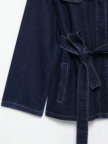 Retro Collar Denim Jacket With Belt, Suitable For Spring And Autumn