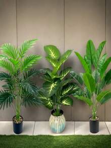 3pcs Artificial Potted Palm Trees, Plastic Planter, Indoor/Outdoor Decor, Floor Standing, Garden Decoration, Suitable For Spring, Thanksgiving, Various Room Types, Planter Not Included - Multicolor - View 3