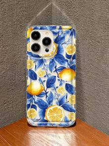 花朵清新蓝叶与柠檬图案设计手机壳，适用于 Apple 14/13 Pro Max/12 Pro/11/XR/XS/7/8 Plus、Galaxy S10/S22/A12/A50/A52/S24/A135G，TPU 材质带气垫