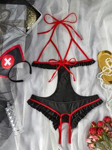 Lencería sexy nueva para mujer, mono con taza hueca sin cables, vestido de criada/enfermera seductor con tirantes extraíbles, para crear una atmósfera íntima de pareja en el dormitorio