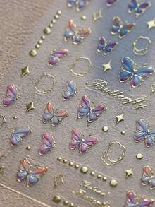 1 件蝴蝶美甲贴纸贴花贝壳灯/果冻/烫金蝴蝶 5D 浮雕指甲贴花贝壳灯蝴蝶指甲设计粘性贴纸美甲配件女士女孩 DIY 美甲装饰用品按压指甲 - 彩色 - 查看 3