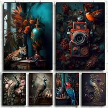 1 Pc Optional Frame Posters Wall Arts Vintage Still Life Tiger Parrot Peacock Flowers Canvas Painting Wall Decor Nordic Art Poster And Prints Picture Home Room Decor