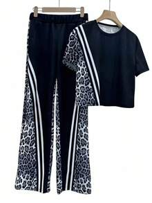 Spring/Summer New Casual Comfortable Leopard Print Round Neck Short Sleeve Top And High Waist Pocket Straight Leg Pants Set, Women Summer 2-Piece Outfit Suitable For Daily Wear - Black - View 5