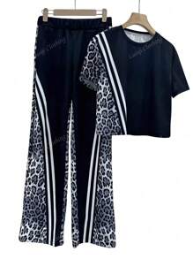New Casual Comfy Leopard Print Round Neck Short Sleeve Top & High Waist Pocket Straight Leg Pants Set, Spring/Summer