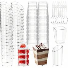 300 Packs Dessert Cups With Spoons, 5 OZ Mini Clear Plastic Dessert Parfait Cup For Party, Square Dessert Shot Glasse Round Goblet Small Reusable Fruit Ice Cream Pudding Appetizer Cup Bowls-Yl - Oval, Square - View 1