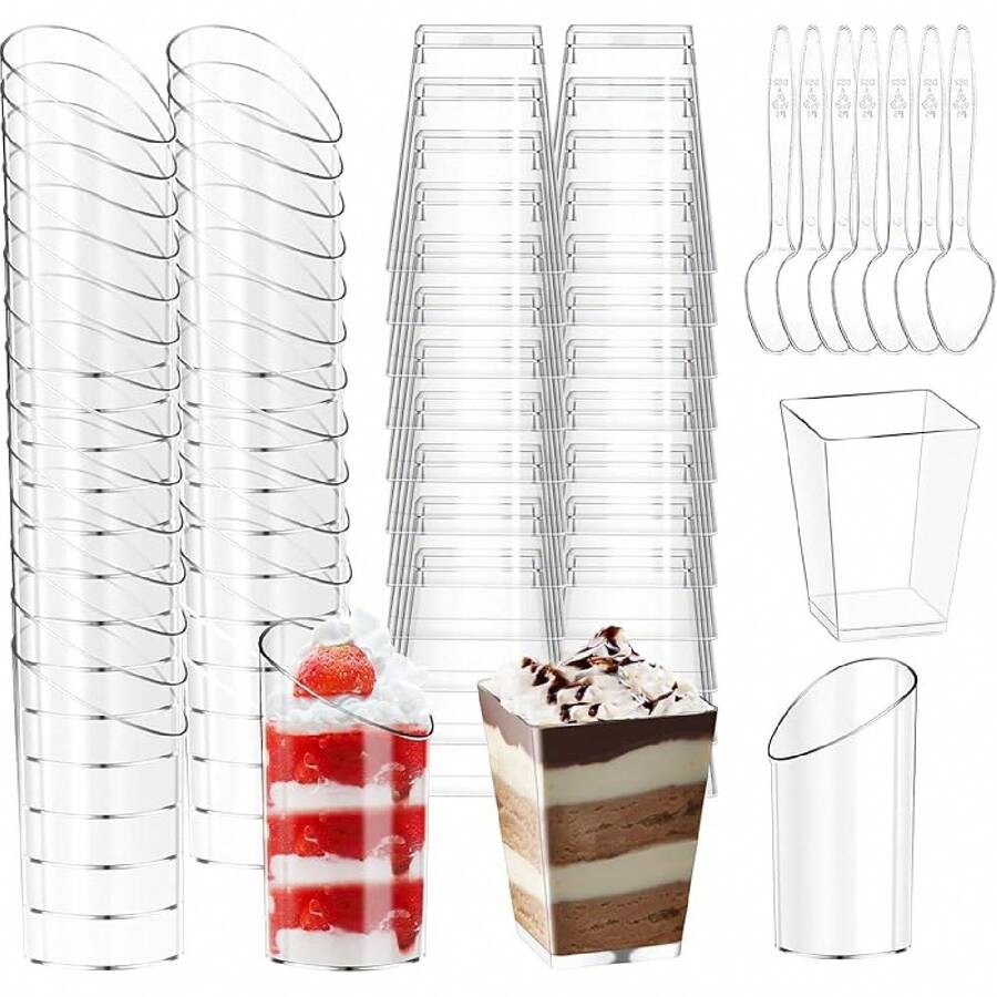 300 Packs Dessert Cups With Spoons, 5 OZ Mini Clear Plastic Dessert Parfait Cup For Party, Square Dessert Shot Glasse Round Goblet Small Reusable Fruit Ice Cream Pudding Appetizer Cup Bowls-Yl - Oval, Square - View 1