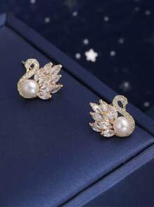 Gold Plated Stud Earrings With Small Simulated Pearl & Zirconia Stones, Elegant & Cute Design For Women, S925 Sterling Silver Earrings