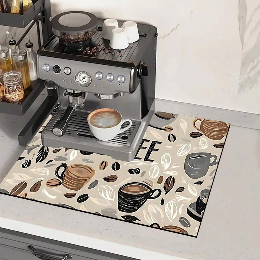 1 pieza Alfombrilla absorbente para secar platos en la encimera de la cocina con estampado de taza de café, esconde las manchas, base de silicona suave antideslizante
