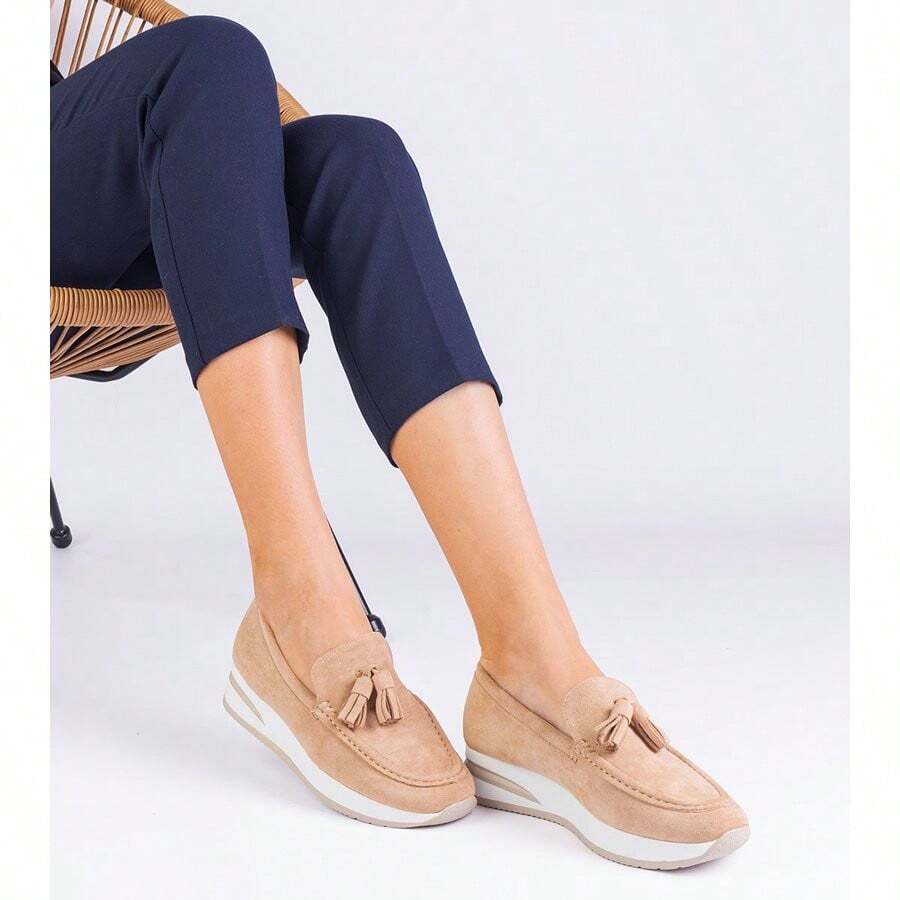 Beige Women's Loafers On The Platform With Selerina Decoration - Beige - View 1