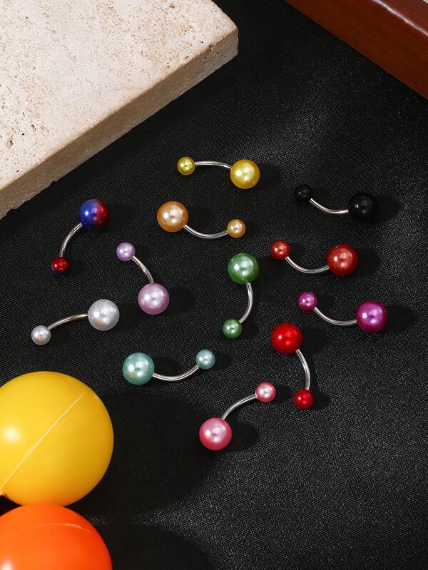 12pcs Acrylic Pearl Stainless Steel Navel Rings, Hypoallergenic, Fashionable & Popular, Suitable For Daily Wear, Parties, Travels, Weddings, Gift For Her