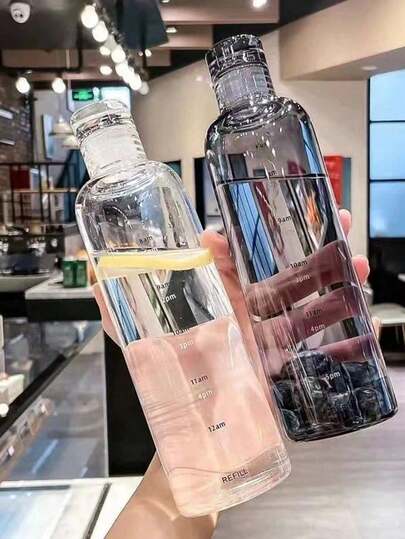 1个高品质时间刻度设计防震便携式饮水杯/水瓶，适用于户外、办公室、露营、家庭和学校 - 500毫升大容量男女通用杯，带车载杯架，透明塑料防漏瓶