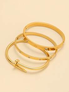 Vòng tay Cubic Zirconia nhiều màu chống thấm nước bằng thép không gỉ, vòng tay mở mạ 18k, trang sức thời trang cho nữ - 3 cái/bộ Vàng - Xem 2