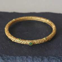 1pc Green Gemstone Inlay Antique Gold Clouded Bangle Bracelet, 18K Gold Plated Copper High Quality, Women Daily Casual Party Jewelry Accessory