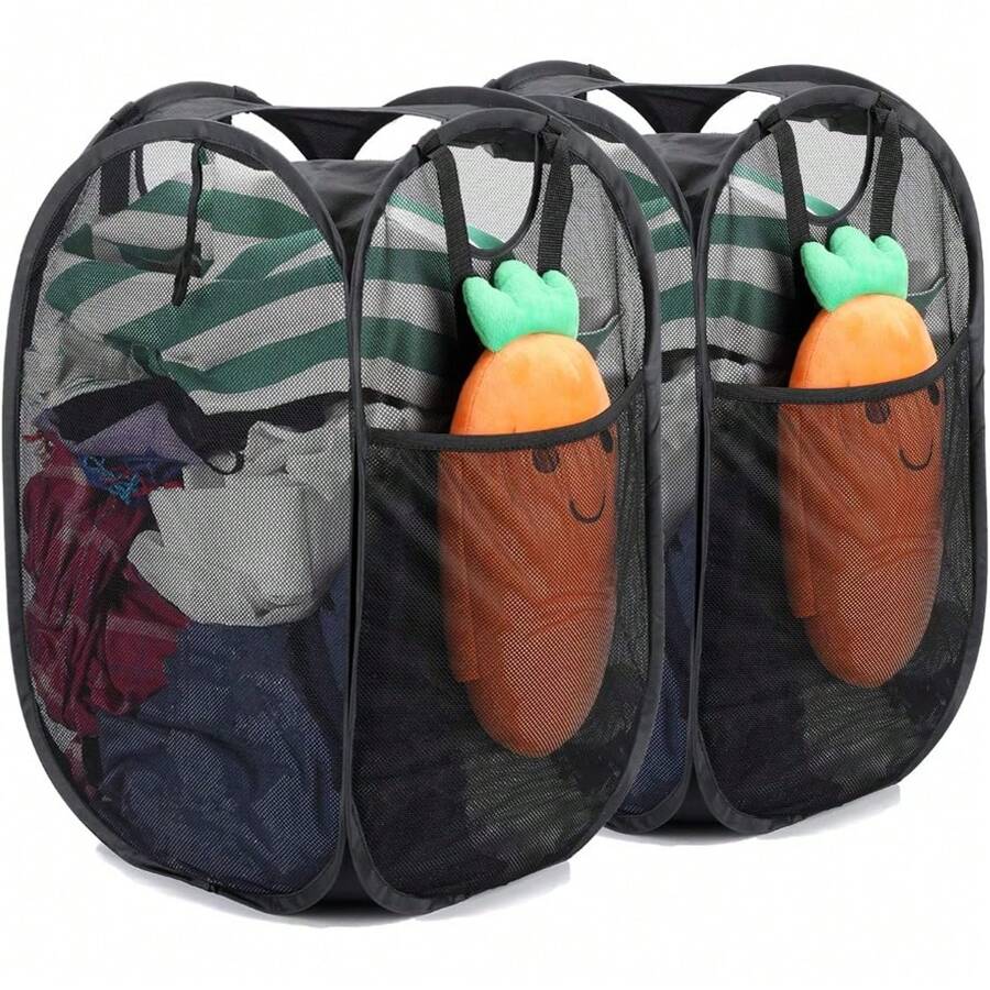 1pc Foldable Collapsible Laundry Basket With Pocket