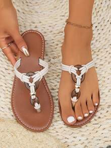 2025 Neue Minimalistische Sommer Zehentrenner Römersandalen mit Knöchelriemen, Flache Sandalen für Damen, Lässig Beach Flip Flops, Eleganter Preppy Stil, Perlen Beach Party Urlaub Outdoor - Weiss - Übersicht 1