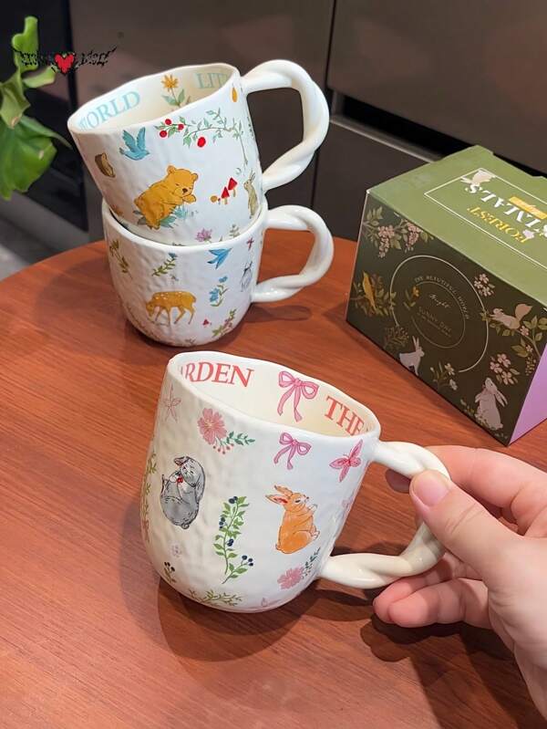 Conjunto de 2 xícaras de cerâmica com alças e padrão de laço de flores, xícaras de café da manhã com tema animal, xícaras de cerâmica para cappuccino com arte latte, conjunto de presente para casal