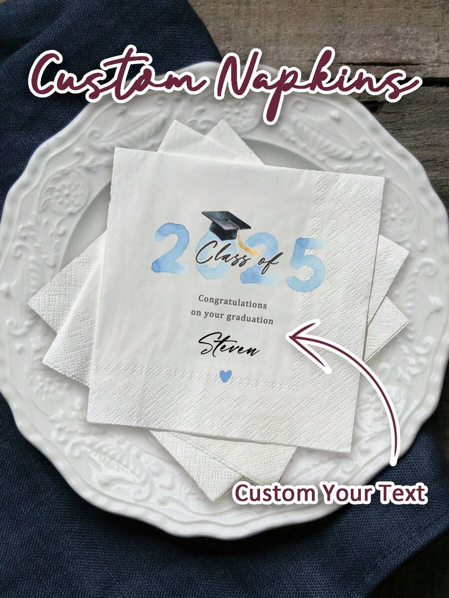 20-500pcs Custom Graduation Napkins, Personalized Napkins With Your Text, Class Of 2025, Disposable Beverage Dessert Napkins For Grad Party Decor, Graduation Party Gift, Custom Cocktail Napkins