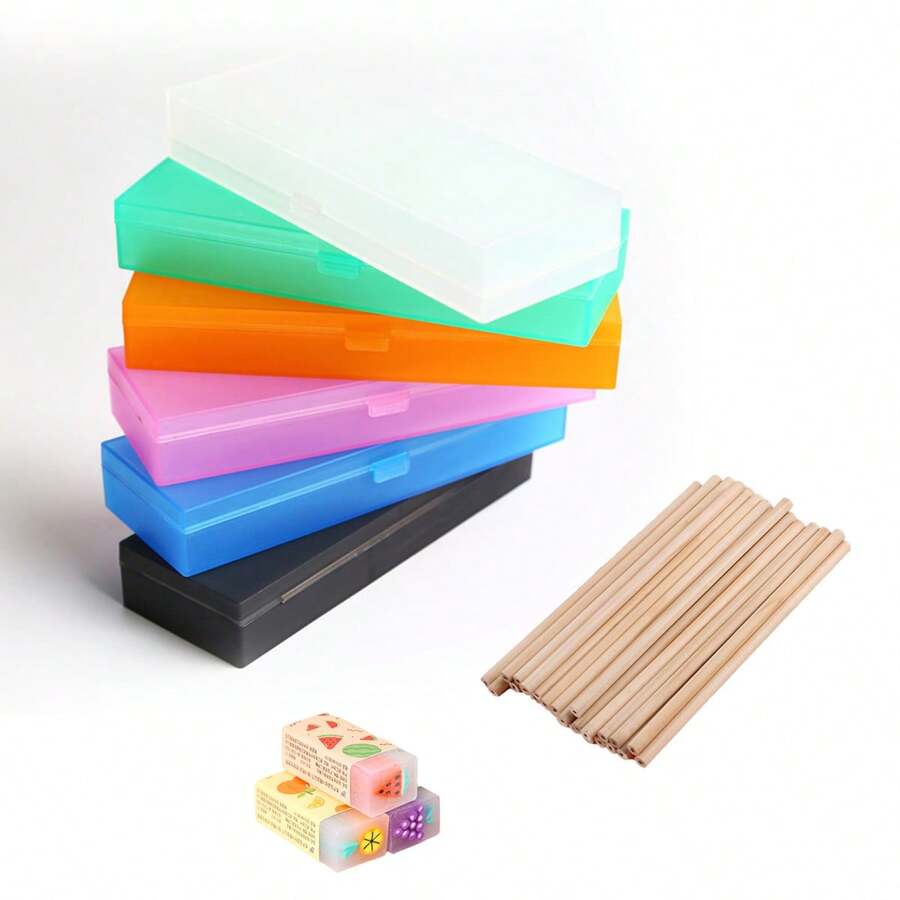 1 Set comprende: 1 scatola per cancelleria in plastica opaca, 5 matite, 1 gomma / 10 matite / 1 gomma jelly alla frutta. La scatola per cancelleria è realizzata in materiale PP opaco, durevole. Le matite sono in legno naturale semplice. La gomma jelly alla frutta è creativa, pulita e con meno briciole, tornare a scuola, forniture scolastiche, astuccio, zaino scolastico
