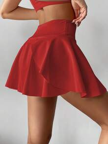 高腰白色网球裙裤，二合一防闪光高尔夫、羽毛球、健身短裙，带口袋，夏季运动裙裤，侧袋户外跑步运动新款女式裙裤 - Fiery Red - 查看 3