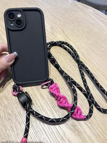 1 Set Handwoven Contrast Color Shoulder Strap Phone Case, Shockproof Soft Cover Compatible With IPhone 11 12 13 14 15 16 17 Pro Max - Rose Red and Black Long Rope + Mobile Phone Case - View 4