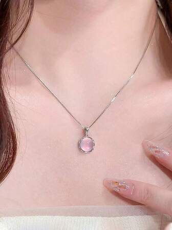 1 件优雅简约设计粉色圆形水晶吊坠项链韩国时尚女生女式星星锁骨链珠宝礼物