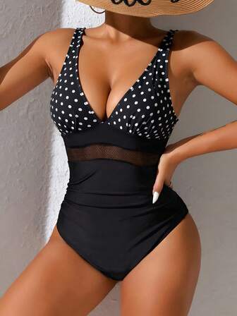 New Summer Fashion Holiday Casual One-Piece Swimsuit, Printed Patchwork Mid-Hollow Mesh Decor Sexy Bikini Beach Wear, Women Slimming V-Neck Adjustable Wide-Strap One-Piece Swimwear