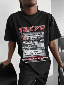 Men's Loose Racing Car Printed Round Neck Short Sleeve T-Shirt, Stylish Design, Summer Essential, Easy To Match, Loose Car Element Print All-Match Casual Streetwear, Boyfriend Gift - Black - View 8