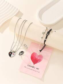 ATLVXJL 6件套夜光极简双心项链、手链、戒指首饰套装，休闲情侣配饰，适合日常佩戴和情人节礼物 - 彩色 - 查看 2