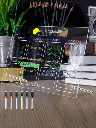 1 套高端白线亚克力白板、时尚可擦写前台公告板、信息书写装饰板、家庭待办事项清单备忘板、桌面可重复使用留言板（包含 6 支白板笔）