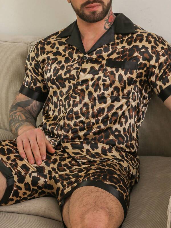 2pcs Sleepwear Set For Men, Short Sleeve Top And Shorts, Leopard Print Pattern Minimalist Casual Silk-Like Loungewear, Summer/Spring