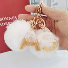 Christmas Festival Gifts Home Decorations-White Initial Letter Keychain With Soft Fluffy Fur Ball Pom-Pom Women Sweet Bag Purse Charm A-Z 26 Letter Pendant