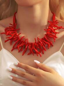 1 pieza Collar de cuentas de coral rojo de poliresina, de moda y creativo, versátil para resort, playa, uso diario, fiesta, joyería para mujer - Rojo - Ver 1