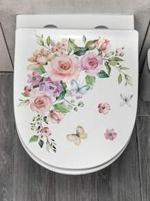 1pc Flower Pattern Toilet Lid Decal For Bathroom Decor,Toilet Sticker,Wall Stickers,Stickers,Wall Decal, Vinyl Decal For Home Decorations,Spring Decoration Items Refresh Your Home,Rama Decoration Stickers Gifts Birthday Graduation