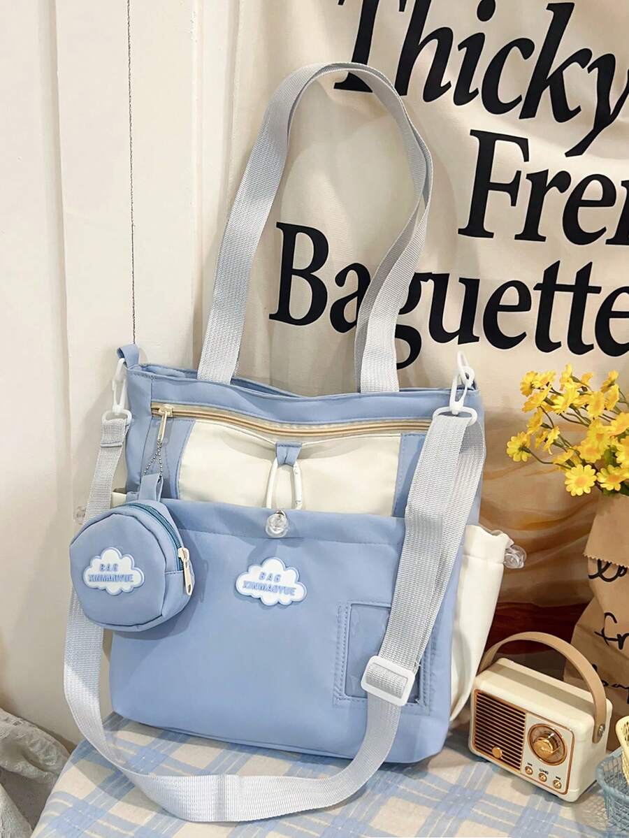 可爱女孩单肩包，大容量手提包，韩版风格，适合初高中学生 - 藍色 - 查看 1