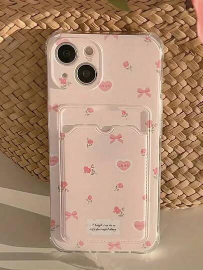 Bow-Knot 1pc Pink Base Floral Bow Style Pattern Full Coverage TPU Phone Case, Compatible With Apple & Series Waterproof Shockproof Anti-Fall Scratch Resistant