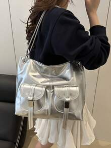 Vintage High-End Oil-Waxed Leather Tote Bag, Chic&Versatile, Large Capacity Casual Shoulder & Crossbody Bag For Women - Silver - View 6