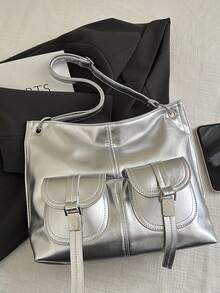 Vintage High-End Oil-Waxed Leather Tote Bag, Chic&Versatile, Large Capacity Casual Shoulder & Crossbody Bag For Women - Silver - View 8
