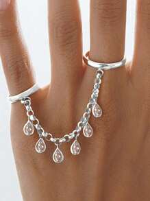 1 Pc Fashionable Copper Inlaid Cubic Zirconia Chain Tassel Adjustable Ring, Women's Jewelry For Wedding Party Accessory, Wedding Gift