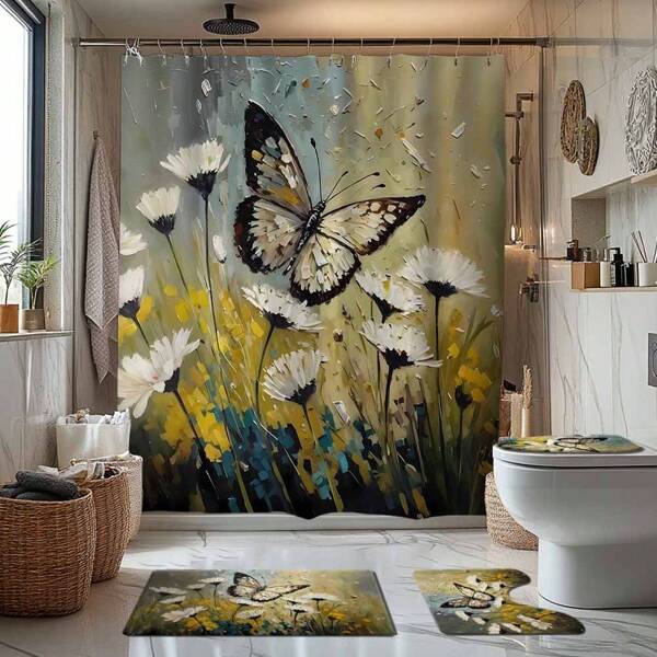 1/4pcs Yellow Butterfly Themed Bathroom Curtain Set, Includes Bath Mat, U-Shaped Toilet Mat, Toilet Lid Cover, Waterproof Shower Curtain, Bathroom Decor, Modern Style Bathroom Partition Curtain, No Drilling Required, Machine Washable Polyester