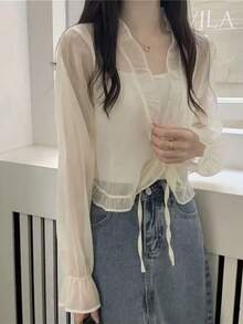 1 pieza Chaqueta ligera de punto abierta, cárdigan tipo chal de unicolor elegante casual, de poliéster, adecuado para primavera y verano