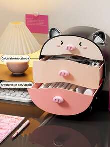 Cute Cartoon Pig Cosmetic Storage Box, Multi-Functional Desktop Makeup Organizer For Bedroom Vanity, Home Decor - Multicolor - View 6