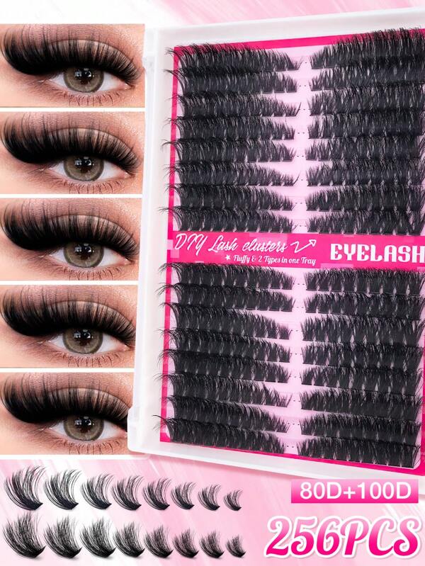 256/160/60PCS D Curl Individual Lash Clusters Fluffy 80D+100D Cat Eye Left Right For Paired Single Cluster DIY Cluster Lashes Extra Thick&Natural Look&Dense&Long Lasting&Waterproof Reusable False Eyelash Extension Kit For Beginner Use At Home&Daily Life&Party&Travel&Music Festival Lash Clusters, Eyelash Clusters, Individual Eyelashes, Lashes, Fake Lashes