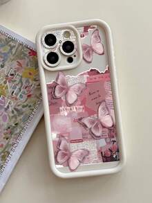 1 pieza Funda de teléfono gruesa y a prueba de golpes con diseño de agujero para lente y patrón de collage de mariposa y periódico, compatible con iPhone 11 Pro Max, 12 Pro Max, 13 Pro Max, 14 Pro Max, 15 Pro Max, 16 Plus, 16 Pro Max, 16E, Galaxy A55, A15, S24 Ultra, Redmi, OPPO, Realme, VIVO, Infinix, Honor, MOTO, One Plus a prueba de agua y resistente a arañazos - Blanco - Ver 5