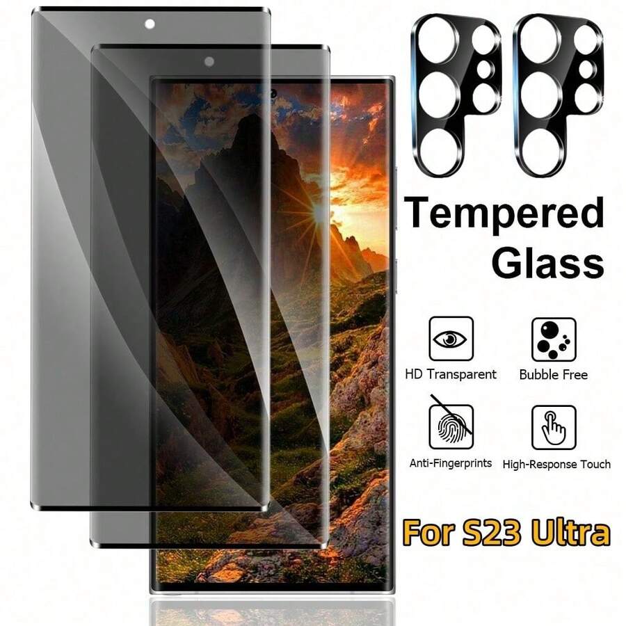 Tempered Glass For Galaxy S23 Ultra Privacy Screen Protector [2 Packs] With Camera Lens Screen Protector [2 Packs], Hardness 9h Scratch Resistant, Compatible With Fingerprint Unlock, Easy To Install 6.8 Inch Screen Protection Essentials, Applicable To Daily Shield, Office, Home Phone Screen Protector Phone Accessories Waterproof Shockproof Anti-Fall Anti-Fall Anti-Fingerprint Full Cover - Galaxy S23 Ultra Privacy Tempered Glass Screen Protector - View 1