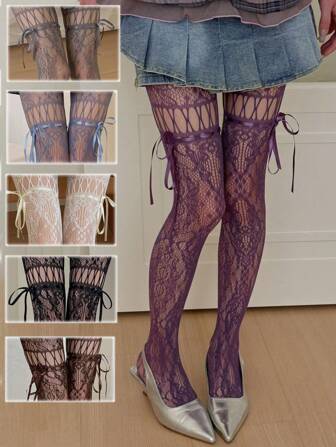 New Arrival! Spicy & Sweet Y2K Inspired Lace Bowknot Fishnet Stockings, Ripped Colorful Pantyhose - Express Your Unique Style, Spring/Summer